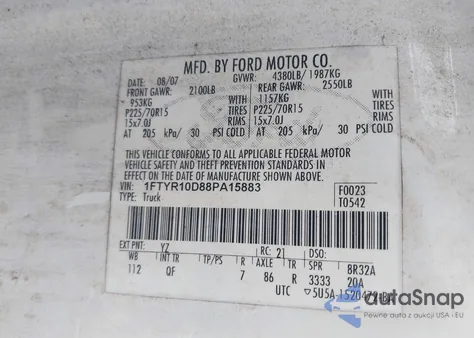 2008 Ford Ranger Xl/Xlt из США, поврежденный, VIN 1FTYR10D88PA15883